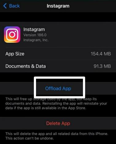 Apps Setting offload Instagram Option