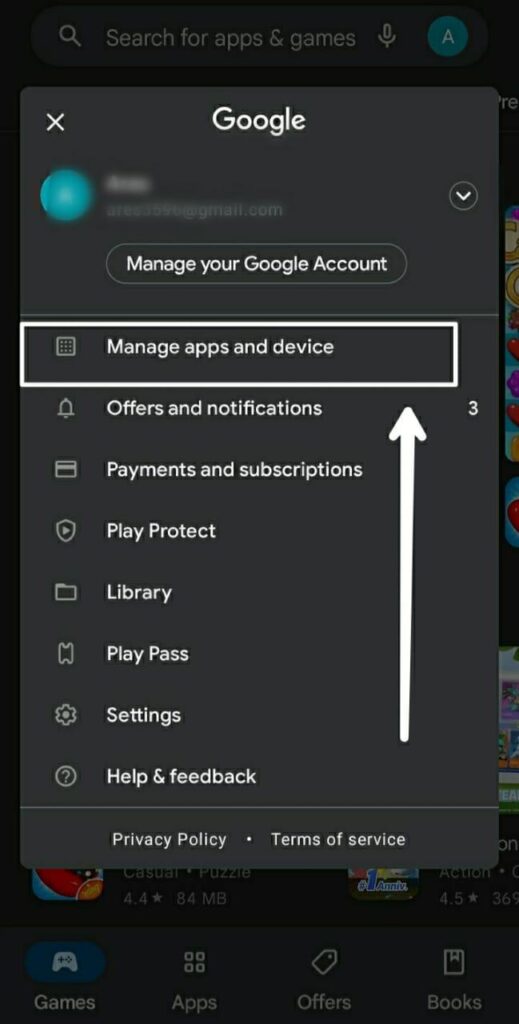 Manage apps and devices option