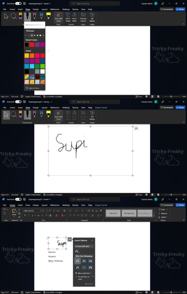 How to draw a signature in Word - Using the draw tool